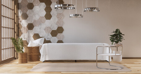 Mockup Cabinet on living room modern style with hexagon tiles wall background.3D rendering