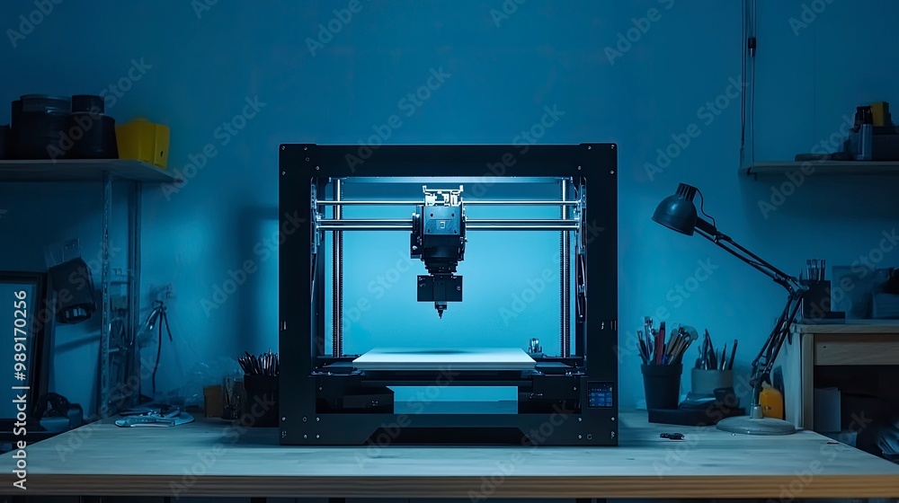 Poster a 3d printer creating a detailed prototype of a mechanical part, illuminated by soft workshop lighti