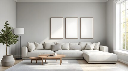 Fototapeta premium Bright and airy contemporary living room with a comfortable oversized sectional neutral color scheme enhanced by pops of accent color minimalist Scandinavian inspired decor ample natural light