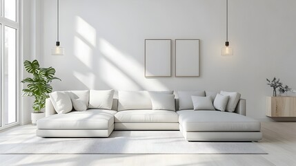 Cozy and inviting modern living room with a large comfortable sectional sofa and minimalist stylish decor  The bright and airy space features abundant natural illumination