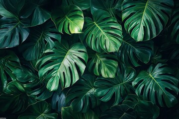 Lush Green Monstera Deliciosa Leaves Close Up