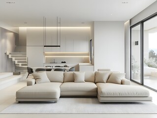 Spacious and bright modern living room with large comfortable sectional neutral color palette accentuated by stylish accents clean architectural lines minimalist yet stylish furnishings