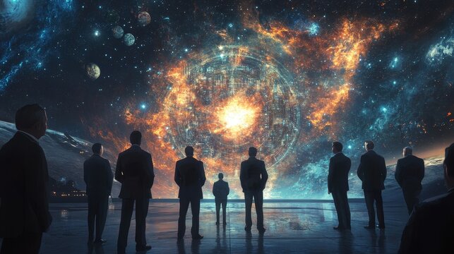 Intergalactic leaders forming a peace pact, holographic treaty, space backdrop, Sci-fi, Digital illustration