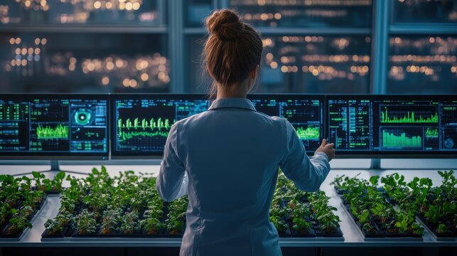 A biochemist developing eco-friendly vaccines derived from medicinal plants, glowing monitors and digital interfaces surrounding the workspace