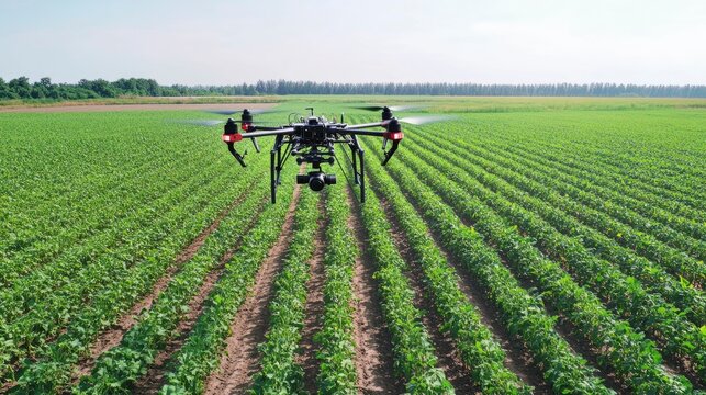 A bioengineered crop field with drones monitoring plant health, vast green expanse under clear blue skies