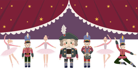 Nutcracker  set: dancing ballerina, toy soldier, nutcracker, theater curtains. Vector  isolated clipart elements.