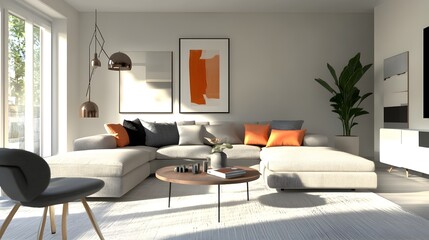 Inviting and stylish modern living space with a plush sectional sofa muted color palette with pops of vibrant hues sleek and minimalist decor natural lighting flooding the room