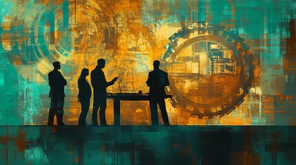 Retro-futuristic illustration of people from the past and future discussing in a harmonious meeting. Steampunk, bronze and teal