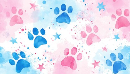 Abstract pastel watercolor blue and pink dog paw pattern background with confetti stars