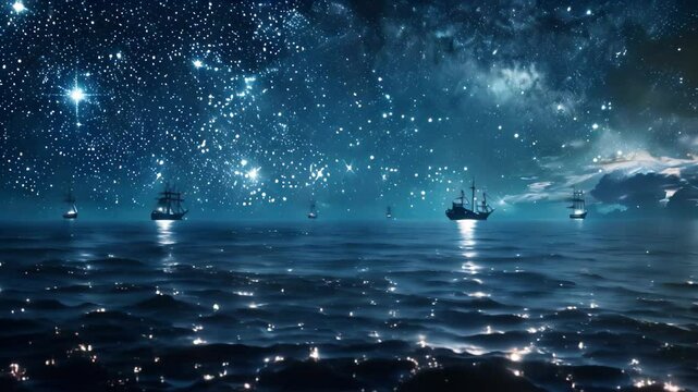Ships sail across the ocean at night under a starry sky, A starlit night sky above the ocean, with the twinkling lights of distant ships adding to the enchanting scene
