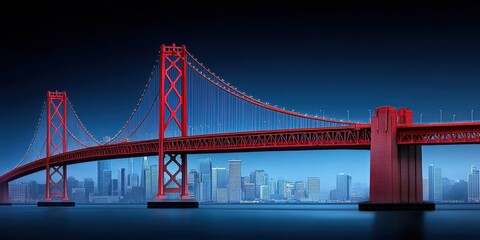 Obraz premium Iconic Red Suspension Bridge Over Skyline Cityscape