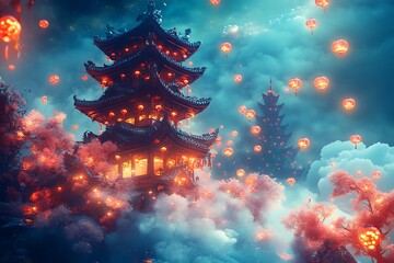 Bold card dedicated to Japanese festivals featuring a vibrant 2D design with a broad blank space on the upper right for writing subtly accented by light 3D textures that blend into the festive layout