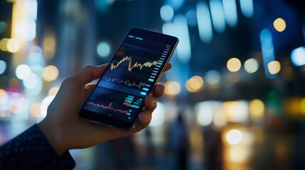 Young professional using a smartphone to trade stocks, mobile trading, on-the-go finance