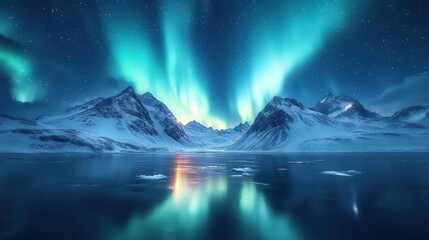 Naklejka premium mesmerizing green aurora borealis dancing over snowcapped mountains starry night sky reflections on icy lake