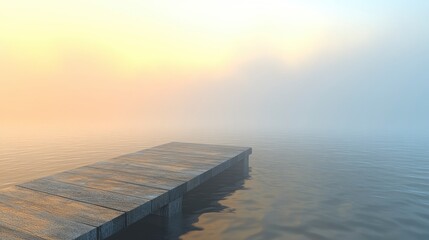 Obraz premium A calm lake at dusk, with a small wooden dock extending into the water, the sky filled with soft pastel colors