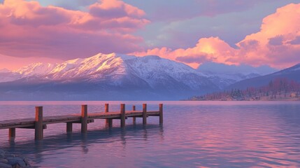 Obraz premium A calm lake at dusk, with a small wooden dock extending into the water, the sky filled with soft pastel colors