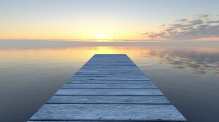 Obraz premium A calm ocean scene with a wooden pier stretching out into the water, soft pastel colors filling the sky at dawn