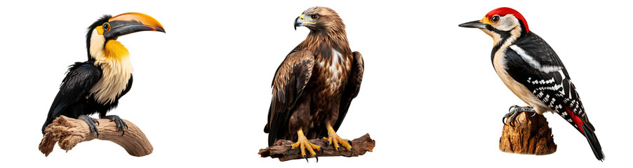 Obraz premium Collection of birds from different species perched on a branch, isolated on transparent background cutout, PNG file