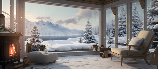 Cozy living room with panoramic window, fireplace with fire and view of winter mountains and forest at  luxury hotel,  winter holidays