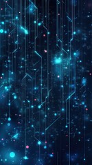 Abstract blue background with glowing dots and lines, showcasing a futuristic digital space filled with stars and vibrant colors.