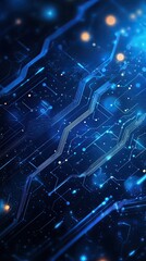 Abstract digital background with blue tones, showcasing interconnected circuitry and glowing particles for technology themes.