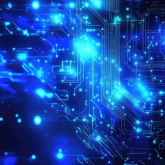 Abstract digital circuit design with glowing blue lights, representing technology, data processing, and innovation.