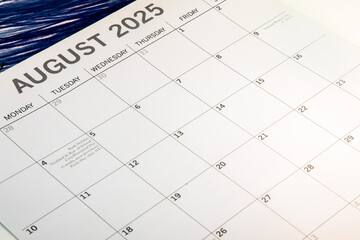 August 2025 calendar taken from a side angled view