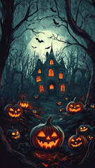 Spooky Halloween scene: Haunted house and glowing pumpkins.