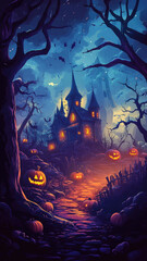 Spooky Halloween scene: Haunted house and glowing pumpkins.