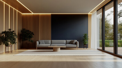 Contemporary Living Room with Gray Sofa and Large Windows