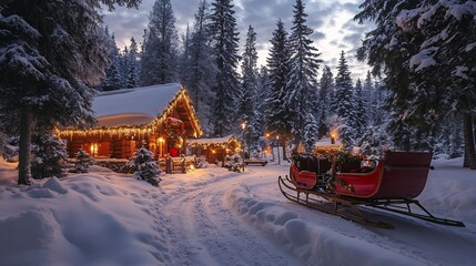 Santas sleigh parked beside cozy winter cabin surrounded by snowcovered pine trees glowing christmas lights and festive decorations creating a warm holiday scene