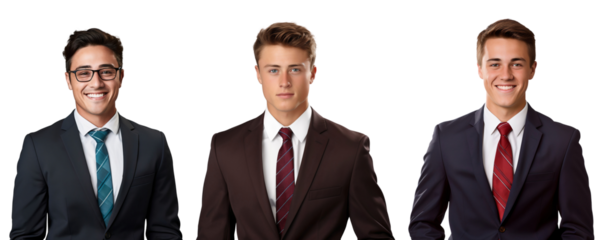 Three handsome businesspeople or businessmen smiling in suits, isolated on transparent background
