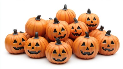 A row of orange pumpkins with black eyes and smiling faces