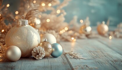 Christmas wooden table decoration with luxury shiny balls, dry grasses with golden fairy lights, blurred green background. Nordic, minimalistic feeling of celebration, concept of hygge. 