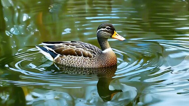 A duck swimming peacefully on calm water reflecting on the surface