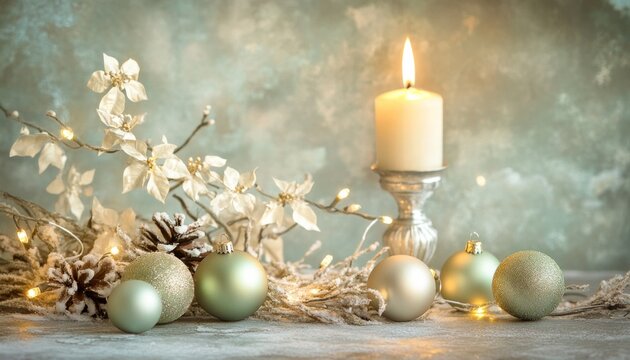 Christmas table decoration, luxury shiny balls. Grasses, white blooms with golden fairy lights, blurred green background. Nordic, minimalistic feeling of celebration, concept of hygge, advent.