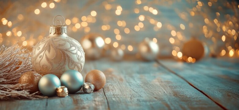 Christmas wooden table decoration with luxury shiny balls, dry grasses with golden fairy lights, blurred green background. Nordic, minimalistic feeling of celebration, concept of hygge.
