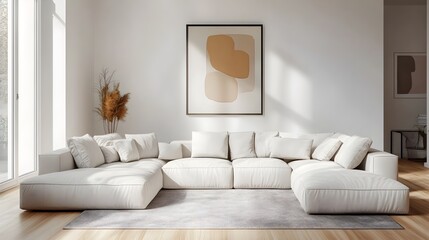 Cozy and Inviting Modern Living Room with a Large Comfortable Sectional Sofa Minimalist Stylish Decor Bright and Airy Space with Abundant Natural Illumination Calming and Serene Atmosphere
