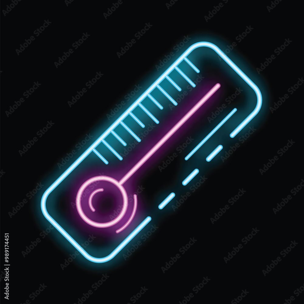 Poster neon icon of ruler with a scale for measuring length or drawing straight lines, glowing on a dark ba