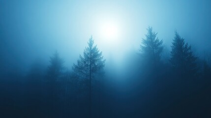 A dense fog creeping through a forest, trees barely visible, eerie cold light filtering through the mist