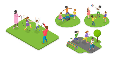 3D Isometric Flat  Illustration of Children Playing Outside, Active Healthy Childhood