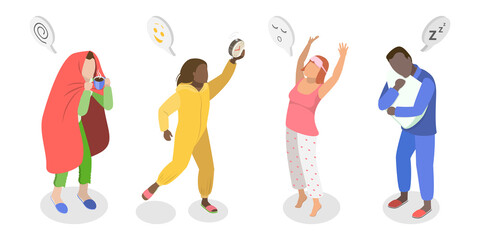 3D Isometric Flat  Set of People In Pajamas, Daily Morning Life