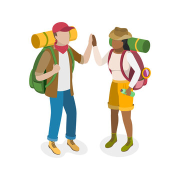 3D Isometric Flat  Illustration of Hiking Tourist Couple, Outdoors Adventure, Travel and Tourism