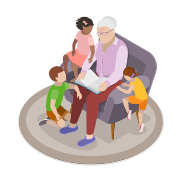 3D Isometric Flat  Illustration of Reading With Grandma , Grandmother and Grandkids Time