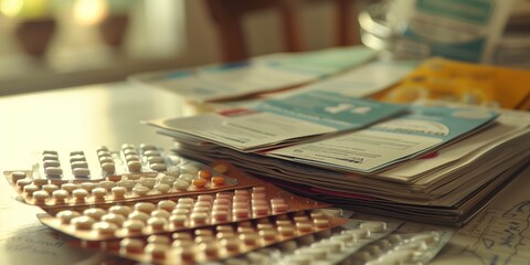 Blister packs of assorted medications and medical brochures on a table, emphasizing healthcare,  treatment, and pharmaceutical products