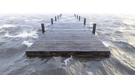Fototapeta premium A dock submerged under rising water from a relentless rainstorm, waves crashing onto the pier