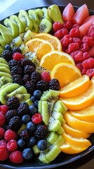 Vibrant fruit platter featuring a colorful mix of kiwi, orange, raspberry, and blackberry, perfect for healthy snacks and desserts.