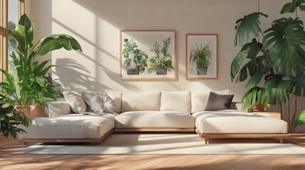 Cozy and inviting modern living room with a comfortable sectional sofa minimalist stylish decor lush houseplants and natural wood accents in an airy