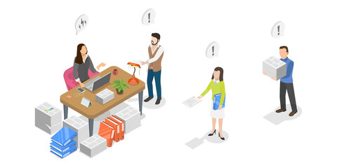 3D Isometric Flat  Illustration of Office Bureaucracy, Paperwork Organization in Office