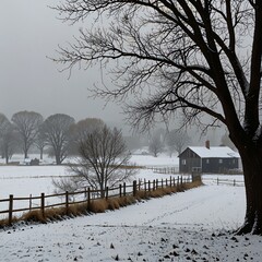 A snow-covered countryside during a winter rain shower, raindrops pattering on snow-covered rooftops and tree branches, with mist rising from the fields in the distance